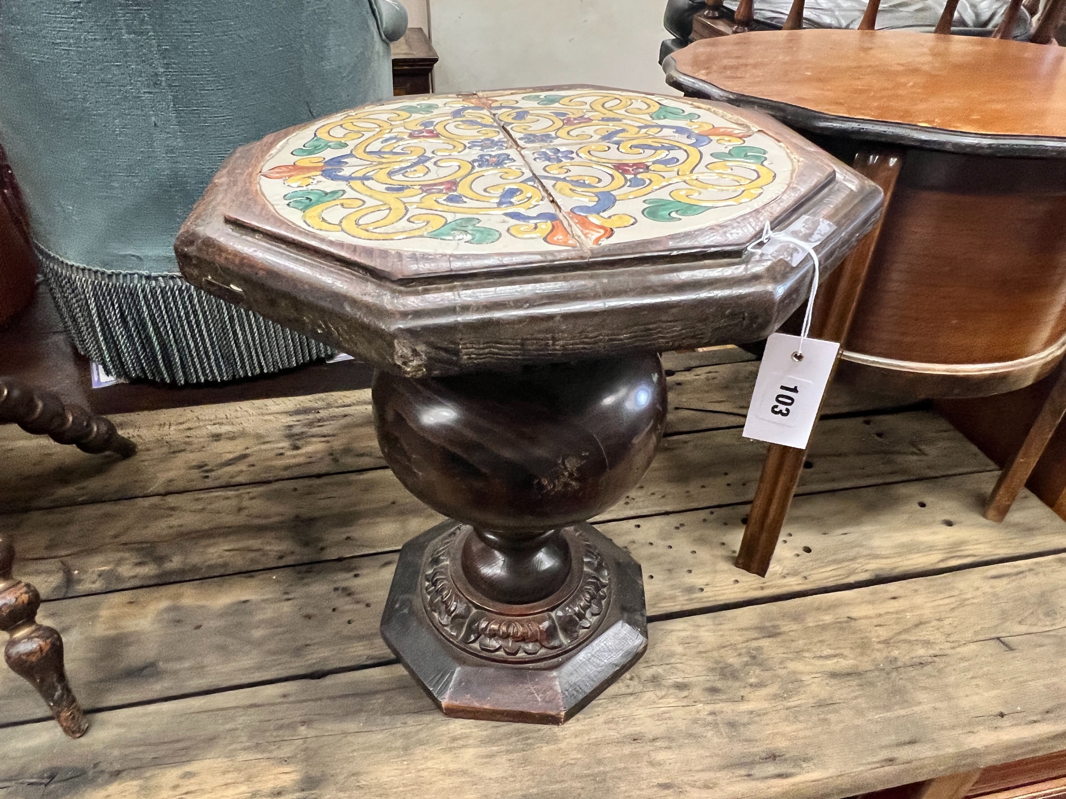 An octagonal oak tile top occasional table, width 42cm, height 46cm and a circular oak work table